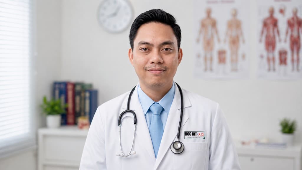 Doc Kit, X.D., a fictional game diagnostician in clinic attire